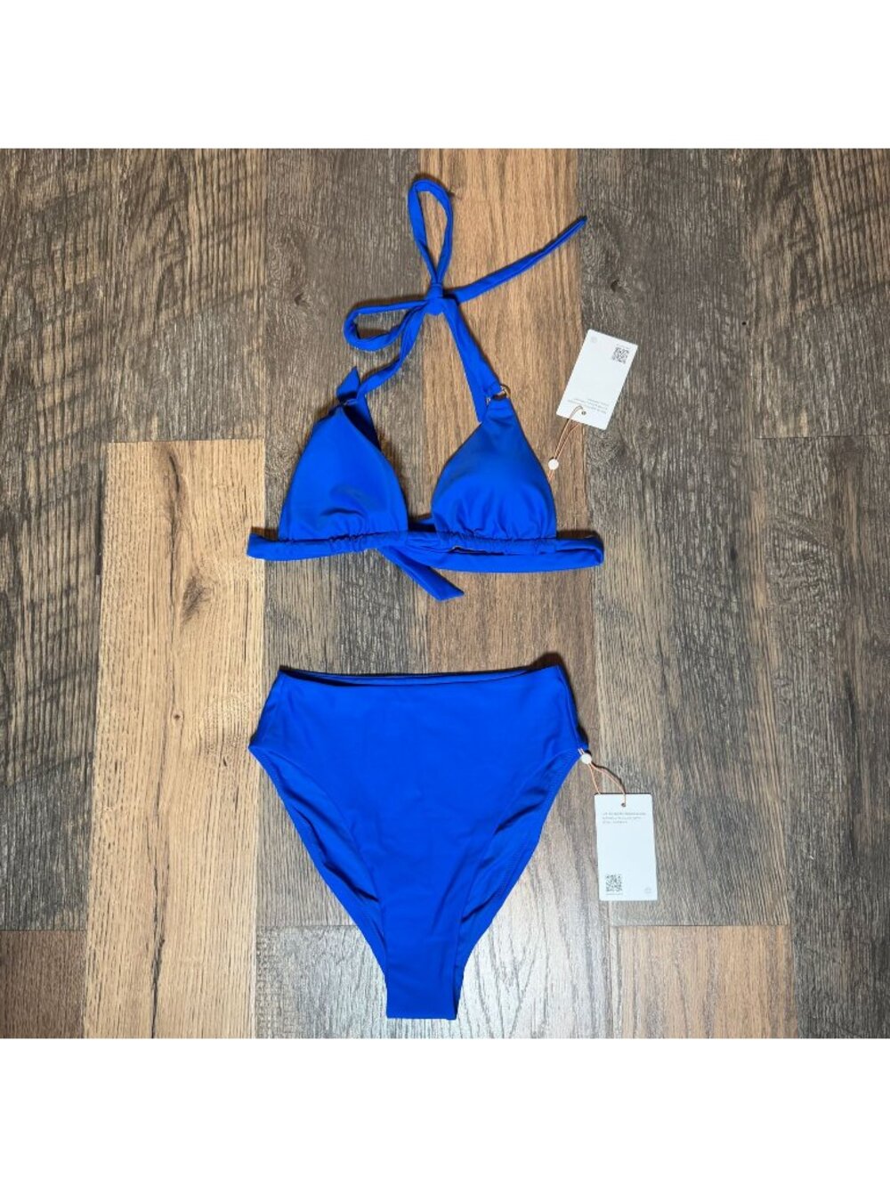 Q7 Quince Bikini Triangle Top & High-Rise Bottom Electric Blue Size XS NWT